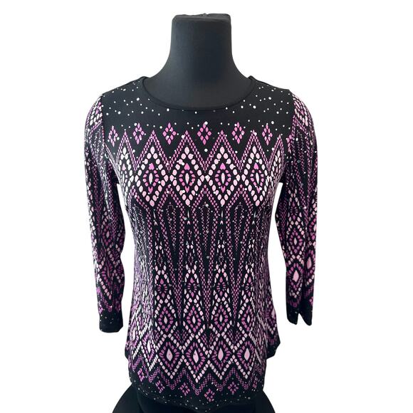 BOB MACKIE | Wearable Art Black & Purple Geometric Print Knit Top | XXS - Picture 2 of 7